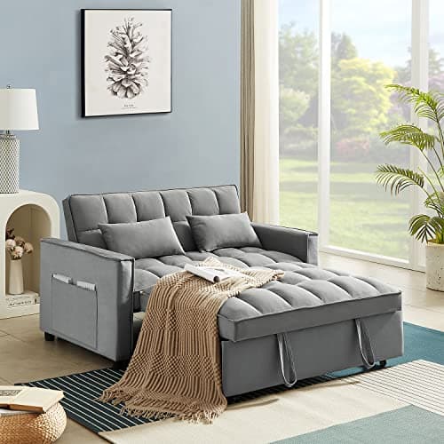 Modern Grey Velvet Sleeper Sofa with Pull Out Bed for Small Spaces