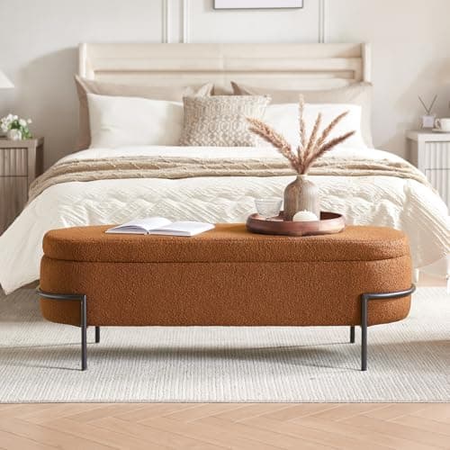 Sherpa Storage Bench, 52 Inch Oval Ottoman with White Upholstery and Metal Stand