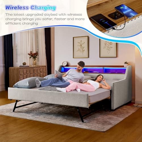 Upholstered Twin Daybed with Pop Up Trundle & Wireless Charger, Beige