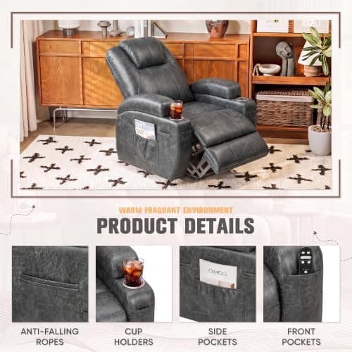 Flamaker Power Lift Recliner Chair PU Leather with Massage for Elderly Ergonomic Lounge Chair Classic Single Sofa with 2 Cup Holders Side Pockets Home Theater Seat (Leather, Light Black)