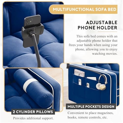 Convertible Sleeper Sofa with Adjustable Backrest & Phone Holder