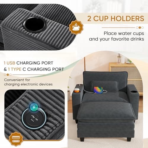Oversized Grey Corduroy Chaise Lounge Chair with Ottoman & USB Port