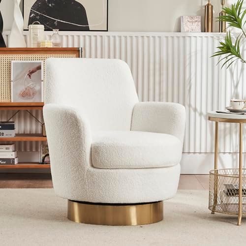 Modern White Swivel Barrel Chair with Tall Backrest and Teddy Fabric