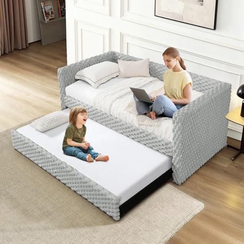 Plaid Corduroy Twin Daybed with Trundle, Grey Tufted Modern Sofa Couch