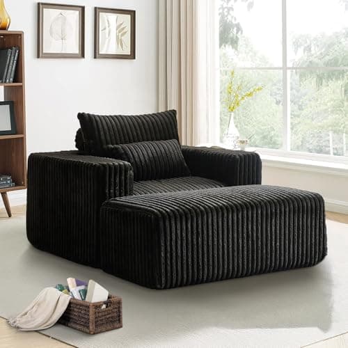 Oversized 48.5 Indoor Chaise Lounge Chair with Ottoman - Plush Corduroy Sofa for Living Room (Black)