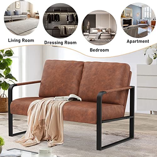 Mid Century Modern Dark Brown Faux Leather Love Seat Mini Couch