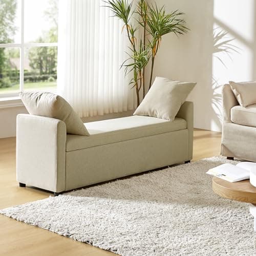 HULALA HOME Beige Modern Storage Bench with Throw Pillows