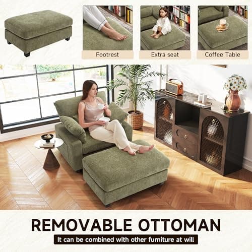 Oversized Chenille Chaise Lounge Chair with Ottoman (57.6", Green)
