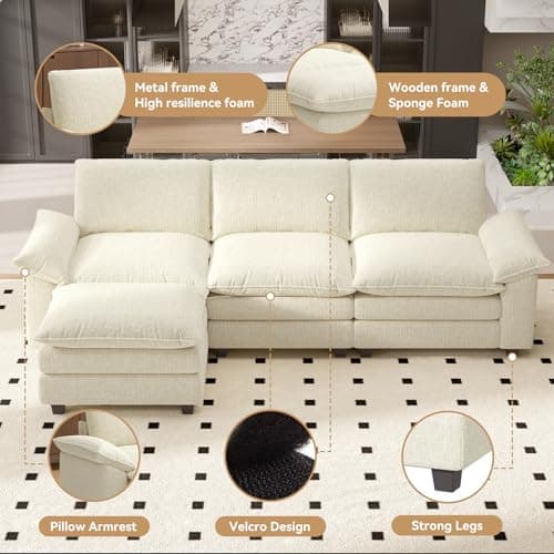 Beige L-Shaped 4-Seat Cloud Couch Sectional Sofa with Ottoman
