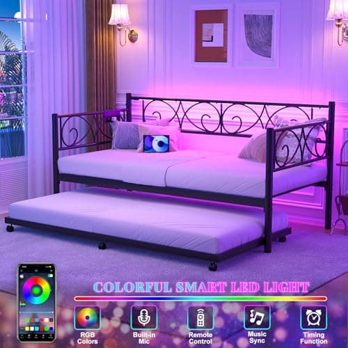 Unikito Black Metal Daybed with Pop-Up Trundle, Charging Station, and LED Lights