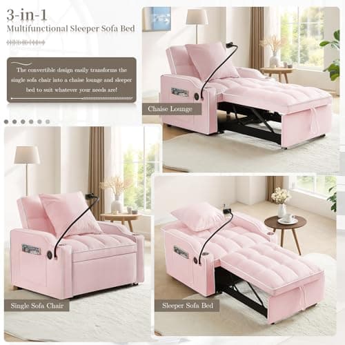 Convertible Velvet Sleeper Chair Bed with USB Ports & Phone Holder - 3-in-1 Recliner for Living Room & Small Spaces (Pink)