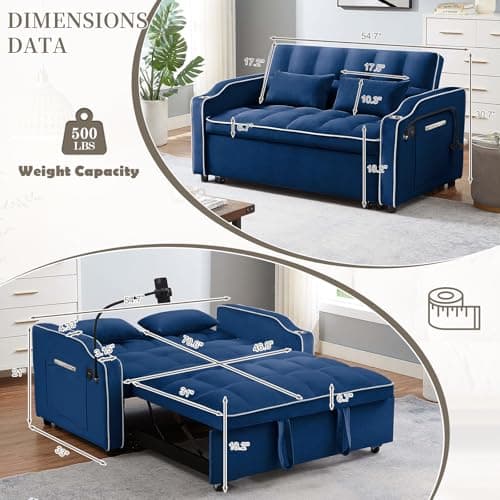 Convertible Sleeper Sofa Bed with USB Port - Blue color