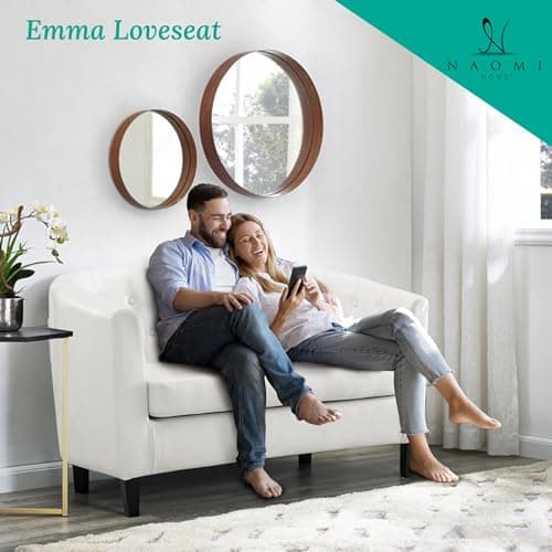 Midcentury Modern Button Tufted White Emma Loveseat, Small Living Room Couch - Easy Assembly