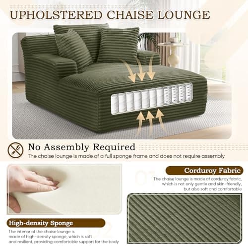 Oversized Chaise Lounge Chair Army Green for Living Room with 3 Pillows and Comfy Fluffy Couch, Modern Deep Seat Sofa No Assembly Needed, 50"W Upholstered Corduroy Couch Single Sleeper