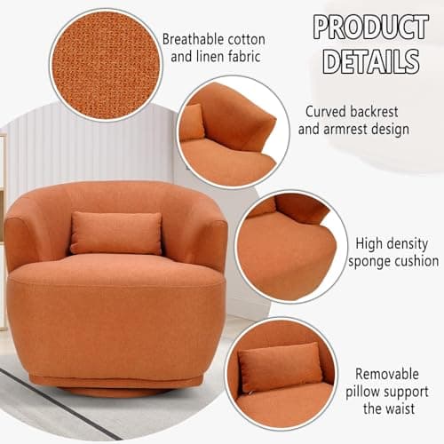 CANMOV Modern Orange Fabric Swivel Barrel Chair, 360 Degree Rotation for Living Room, Bedroom, and Office