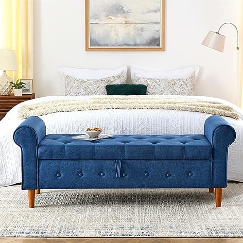 Button Tufted Storage Bench for Bedroom, Linen Fabric Upholstered Ottoman Bench (Dark Grey)