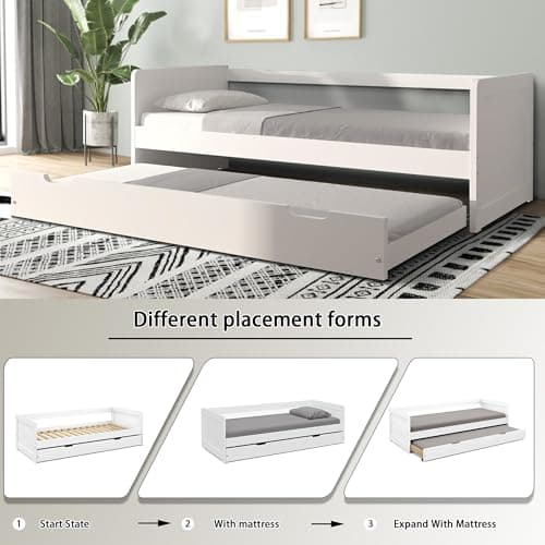 Modern Wood Daybed with Armrest & Trundle, White