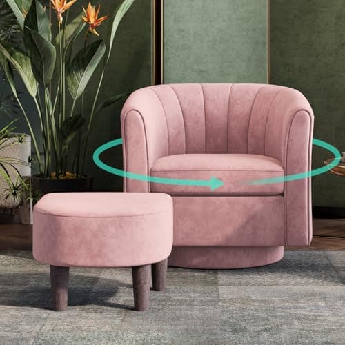 LINSY Gray Velvet Swivel Chair with Ottoman, Modern Comfy Living Room Armchair