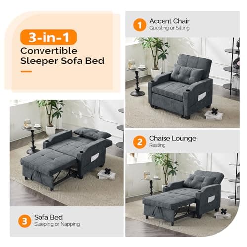 VINGLI 3-in-1 Convertible Sofa Bed with USB Ports and Cup Holders, Dark Grey