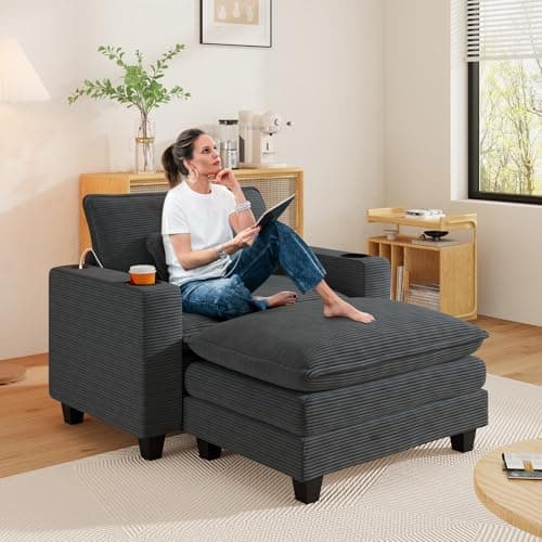 Oversized Grey Corduroy Chaise Lounge Chair with Ottoman & USB Port