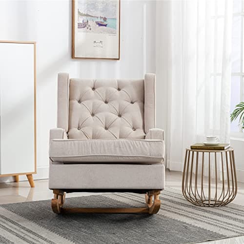 Beige Upholstered Mid Century Modern Dolonm Rocking Chair with Solid Wood Base