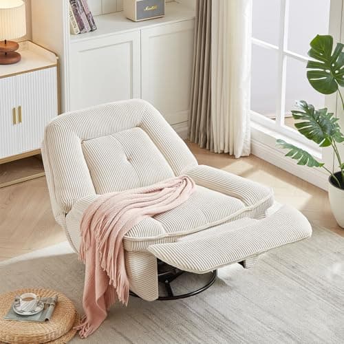 Swivel Rocking Recliner Chair for Adults with Upholstered Corduroy Reclining, Small Recliners for Small Spaces, Nursery, Living Room, Bedroom (Beige)