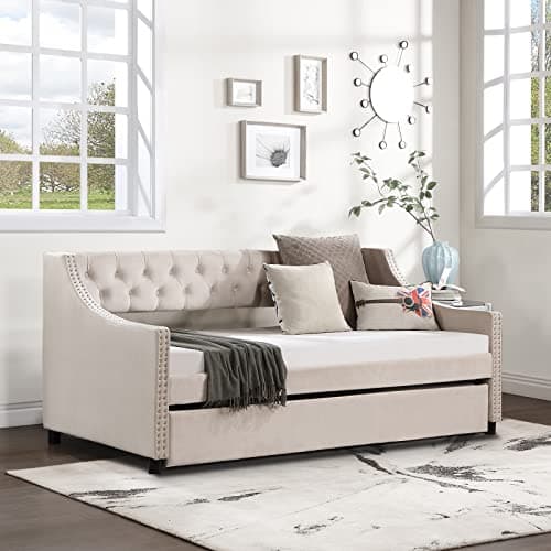 JEEOHEY Modern Button Tufted Velvet Beige Upholstered Daybed with Trundle
