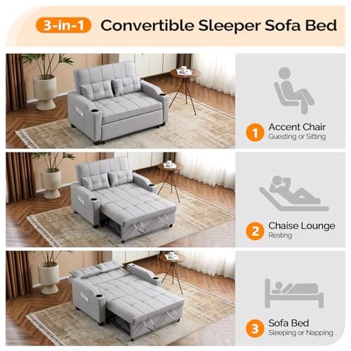 Vingli Light Grey Futon Sofa Bed with USB Ports Armrest