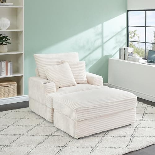 Cozy Chaise Lounge Chair with Ottoman for Indoor, Modern Deep Seat Sofa (White)