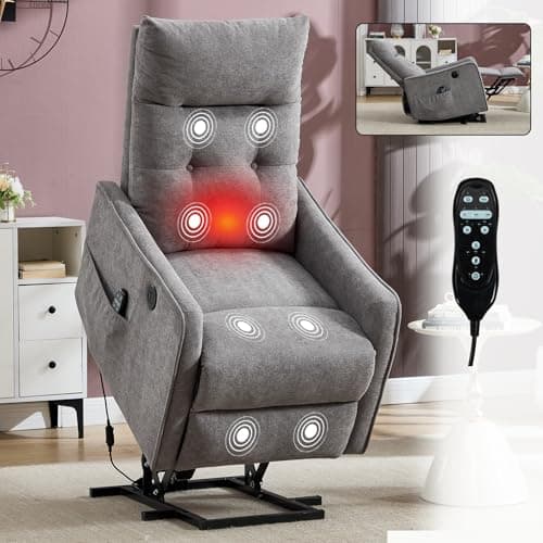 Power Lift Recliner Chair with Heat and Massage for Elderly, Electric Recliner Chairs with Standing Assistance, 2 Cup Holders, 4 Pockets, USB Charge Port, Breathable Leather Brown