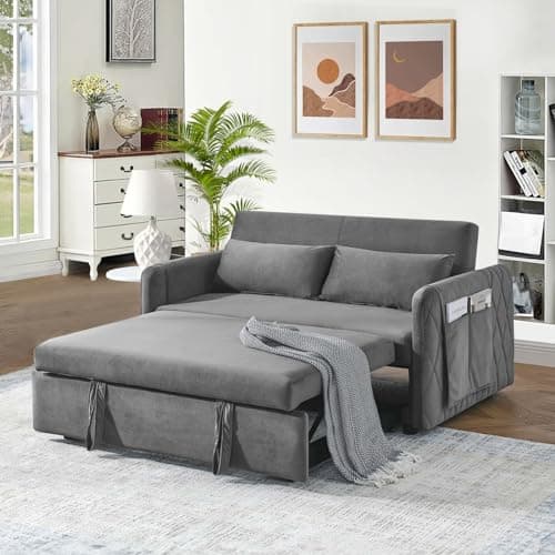 Convertible Sleeper Sofa Couch with Pull Out Bed, 55 Modern Velvet Sofa Bed with Adjustable Backrest & Side Pocket in Green