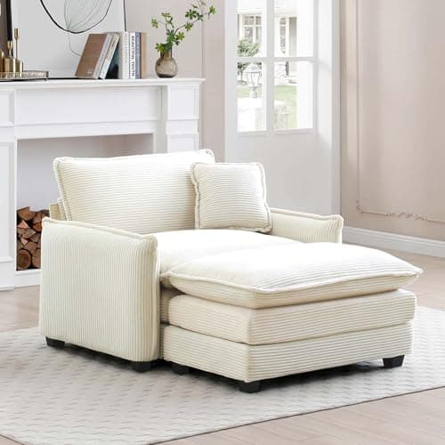 Beige Oversized Corduroy Chaise Lounge with Ottoman & Recline