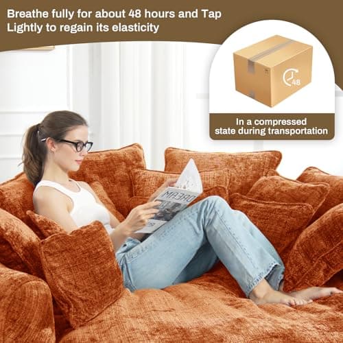 81.1" Oversized Fluffy Lazy Bean Bag Sofa with 14 Pillows, Orange Chenille Bed Cushion