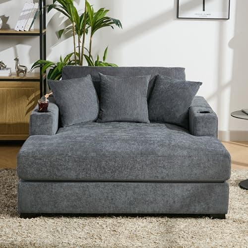 Blue-gray 55" Oversized Chaise Lounger with Chenille Fabric, Pillows, Charge Station & Cup Holders