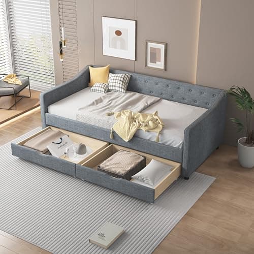 Twin Size Daybed with Storage - Upholstered Frame with Drawers & Button Tufted Backrest