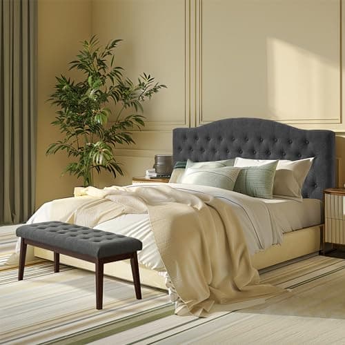 Upholstered Bedroom Bench with Linen Tufted Ottoman and Solid Wood Leg