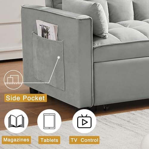 3-in-1 Convertible Living Room Couch Bed, Grey Velvet Fabric | Side Pocket & Adjustable Backrest