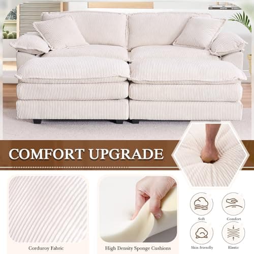 L Shaped Corduroy Sectional Sofa with Chaise and Ottoman