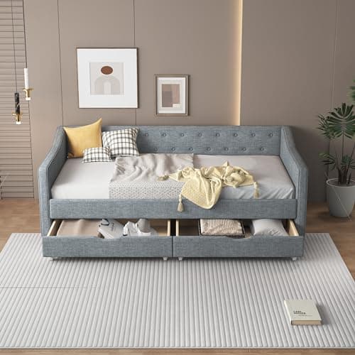 Twin Size Daybed with Storage - Upholstered Frame with Drawers & Button Tufted Backrest