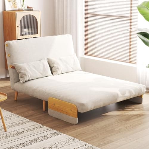 3-in-1 Convertible Chair Bed Sleeper for Adults, Linen Convertable Chair with Wooden Arms & Pillows