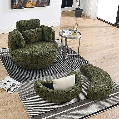360-Degree Swivel Barrel Chair with Half Moon Storage Ottoman - Sherpa Teddy Accent Chair for Living Room, Bedroom, Office, and Reading Nook