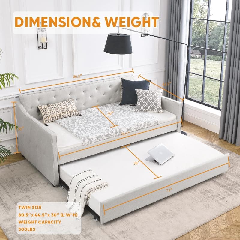 Modern Upholstered Daybed with Trundle for Twin Size, Beige Color