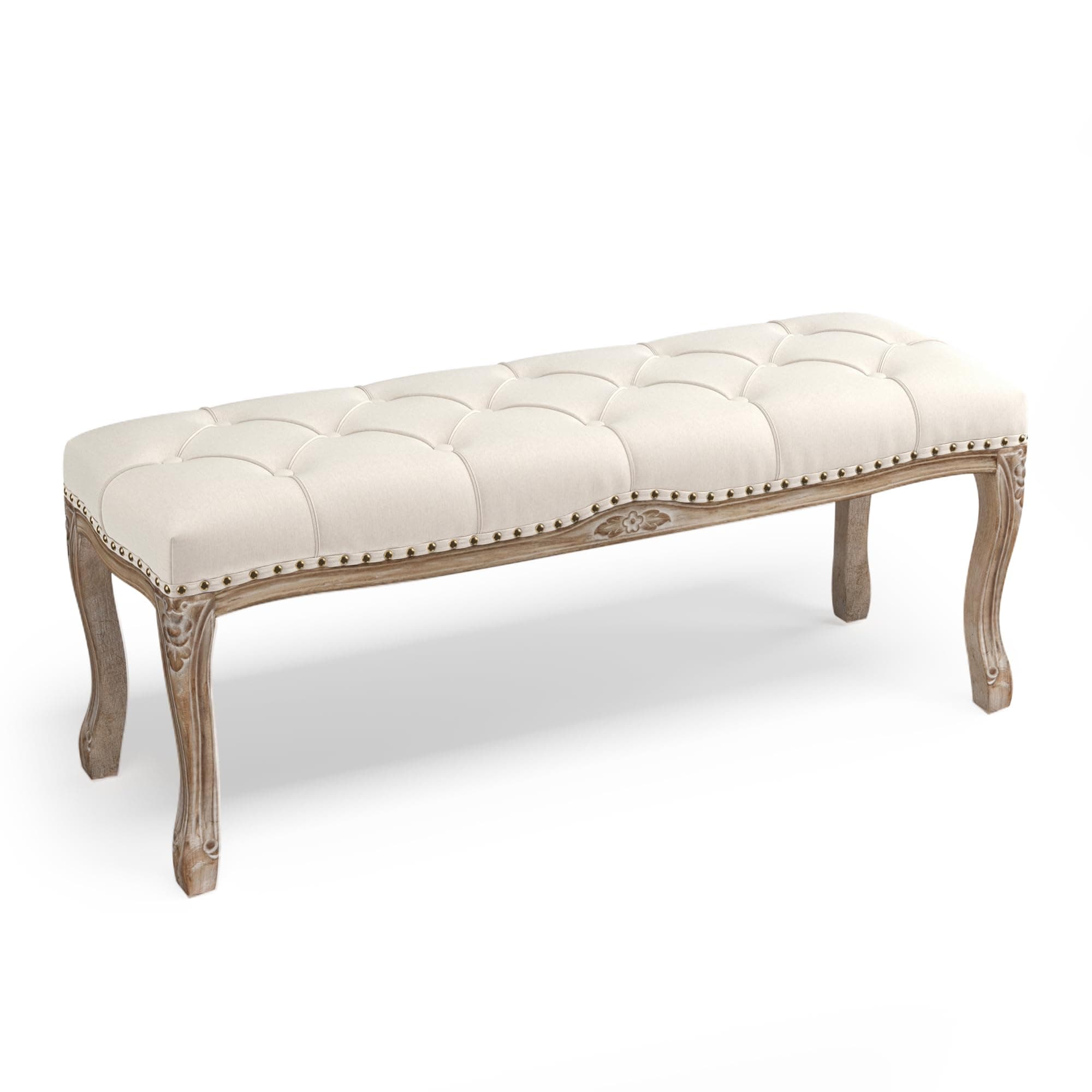 French Vintage Tufted Bench, Beige Distressed Wood Legs, Living Room, Foyer, Dining Room