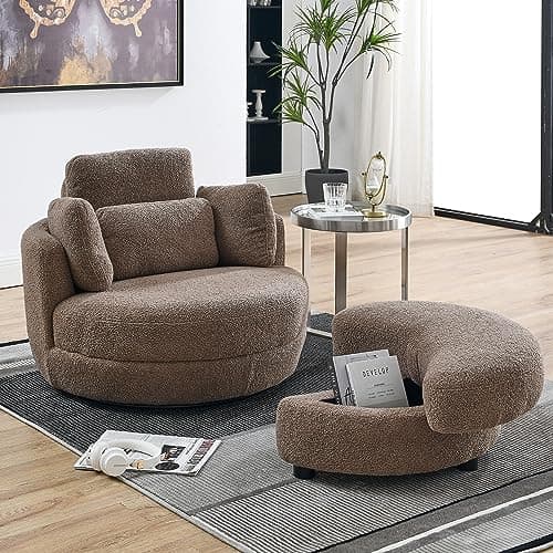 360° Swivel Barrel Chair with Half Moon Ottoman - 39W Sherpa Teddy Upholstered Accent Chair for Living Room, Bedroom, Office, and Reading Nook