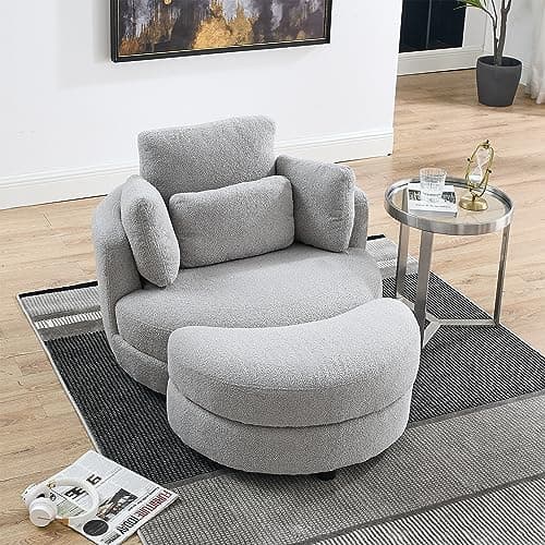 360° Swivel Barrel Chair with Half Moon Ottoman - 39W Sherpa Teddy Upholstered Accent Chair for Living Room, Bedroom, Office, and Reading Nook