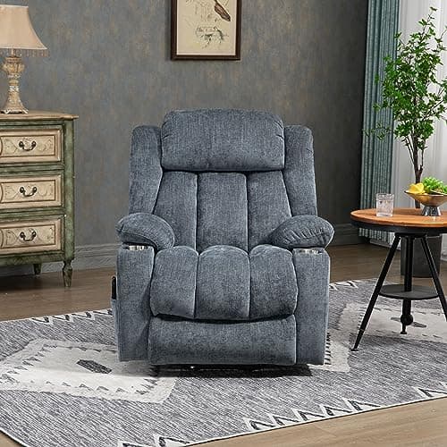 Chenille Blue Power Lift Recliner with Full-Body Massage and Heat