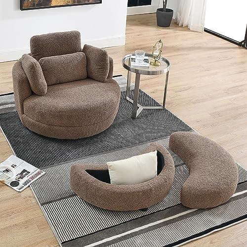 360° Swivel Barrel Chair with Half Moon Ottoman - 39W Sherpa Teddy Upholstered Accent Chair for Living Room, Bedroom, Office, and Reading Nook