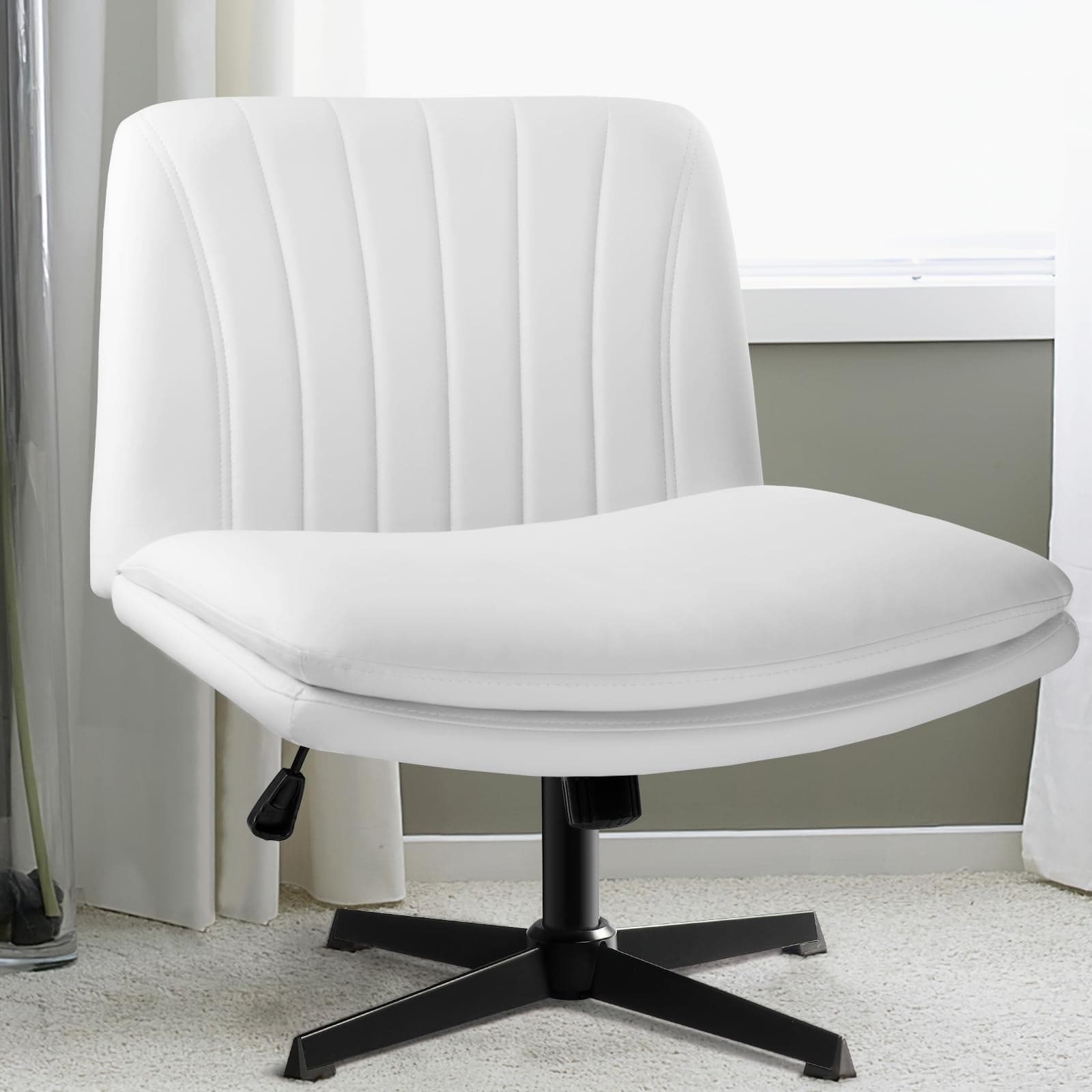 Lemberi PU Leather Armless Office Chair, Criss Cross Legs, Swivel, 120° Rocking, Mid Back, Small Space