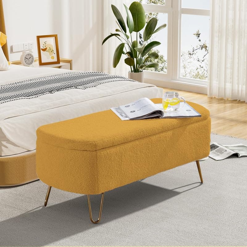 Sherpa Upholstered Storage Ottoman Bench with Gold Legs