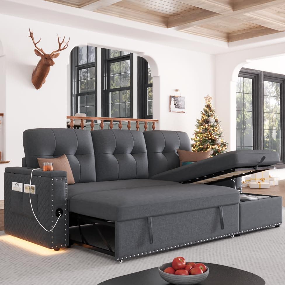 HIFIT 87" L-Shaped Sleeper Sofa Bed with LED Light, Grey